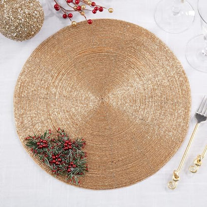 Fennco Styles Festive Beaded Flower Holiday Placemats 15" Round, Set of 4 - Gold Glass Beads Table Mat for Home Décor, Family Gatherings, Banquets, Christmas and Special Occasions