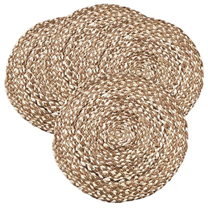 Fennco Styles 100% Jute Woven Design Farmhouse Placemats 16 Inch Round, Set of 4 - Natural Braided Table Mats for Home, Dining Room, Banquets, Family Gathering and Special Occasion