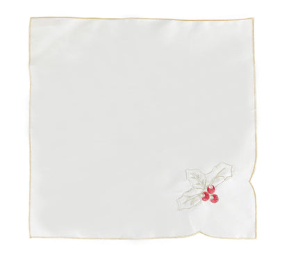 Fennco Styles Christmas Embroidered Holly Cloth Napkins 20" W x 20" L, Set of 4