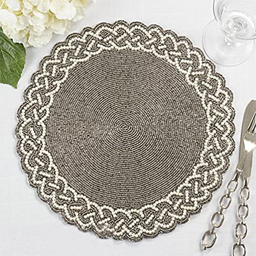 Fennco Styles Elegant Hand Beaded Design Placemat 14" Round, 1-Piece – Silver Table Mat for Banquets, Family Gathering, Special Events and Home Décor