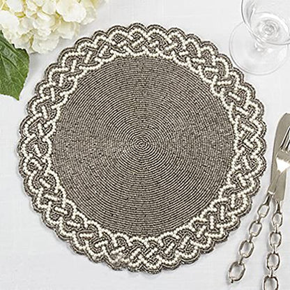 Fennco Styles Elegant Hand Beaded Design Placemat 14" Round, 1-Piece – Silver Table Mat for Banquets, Family Gathering, Special Events and Home Décor