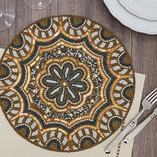 Fennco Style Hand Beaded Elegant Floral Placemat 14" Round, 1-Piece - Gold Table Mat for Banquets, Christmas, Special Events and Home Décor