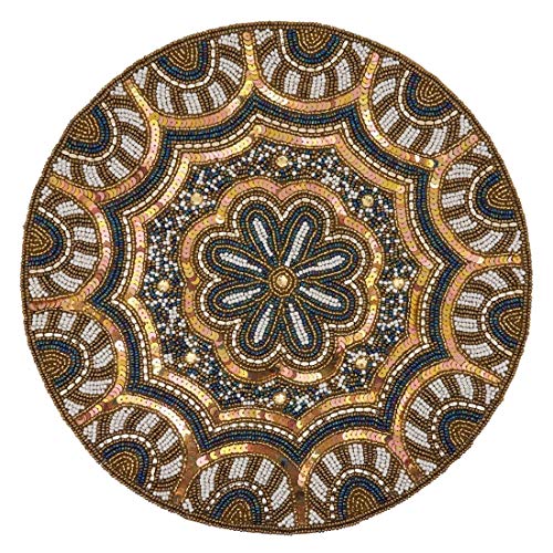 Fennco Style Hand Beaded Elegant Floral Placemat 14" Round, 1-Piece - Gold Table Mat for Banquets, Christmas, Special Events and Home Décor