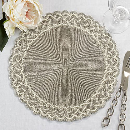 Fennco Styles Elegant Hand Beaded Design Placemat 14" Round, 1-Piece – Silver Table Mat for Banquets, Family Gathering, Special Events and Home Décor