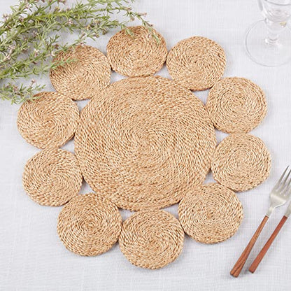 Fennco Styles Handwoven Loopy Jute Placemats 16" Round, Set of 2 - Natural Floral Shape Braided Table Mats Heat Resistant Insulation for Home, Boho Décor, Dining Table, Banquets, Special Events