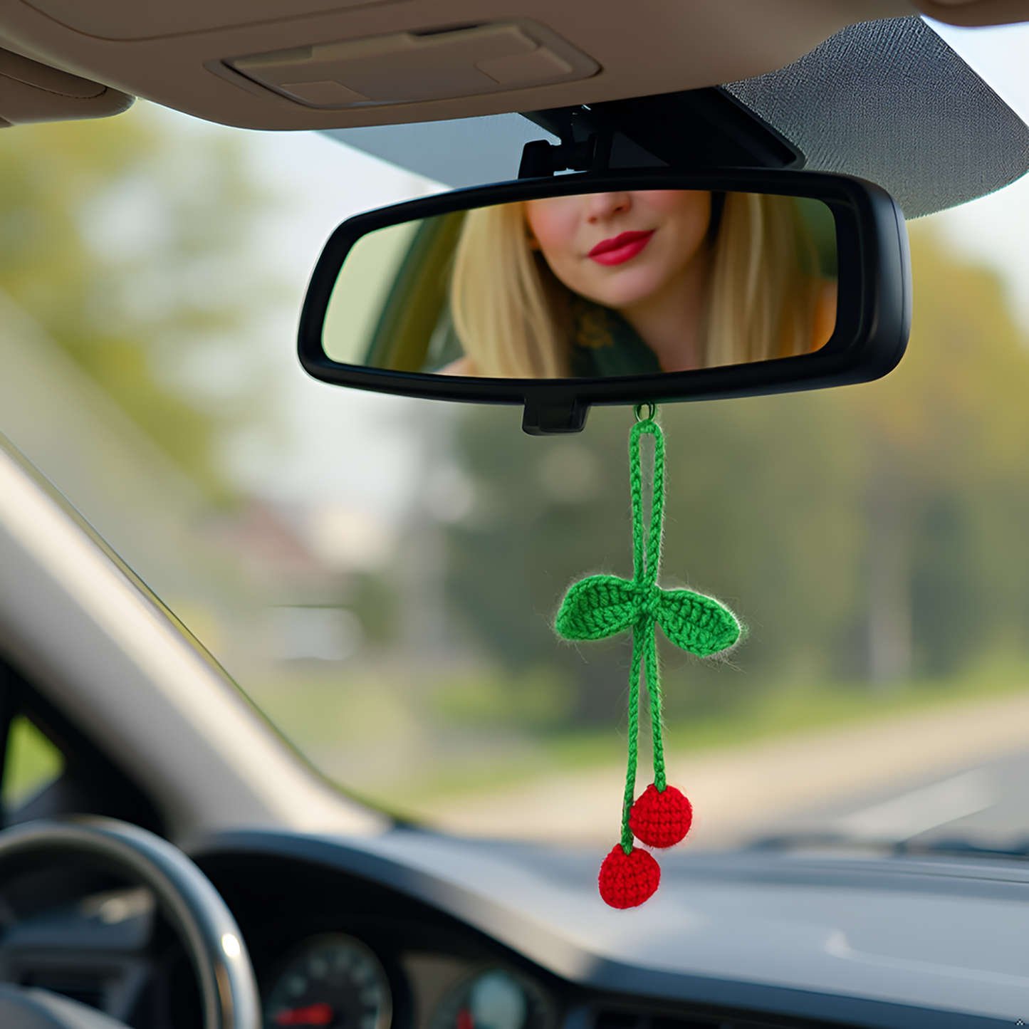 Crochet Car Accessories, Handmade Knitted Potted Plants Car (Red cherry)