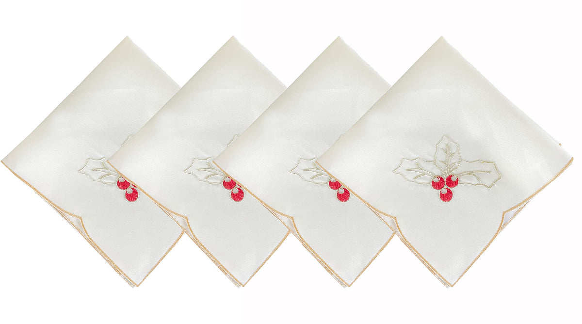 Fennco Styles Christmas Embroidered Holly Cloth Napkins 20" W x 20" L, Set of 4