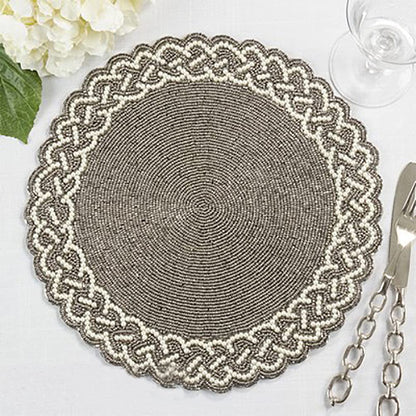 Fennco Styles Elegant Hand Beaded Design Placemat 14" Round, 1-Piece – Silver Table Mat for Banquets, Family Gathering, Special Events and Home Décor