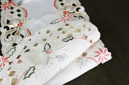 Fennco Styles Christmas Embroidered Holly Cloth Napkins 20" W x 20" L, Set of 4