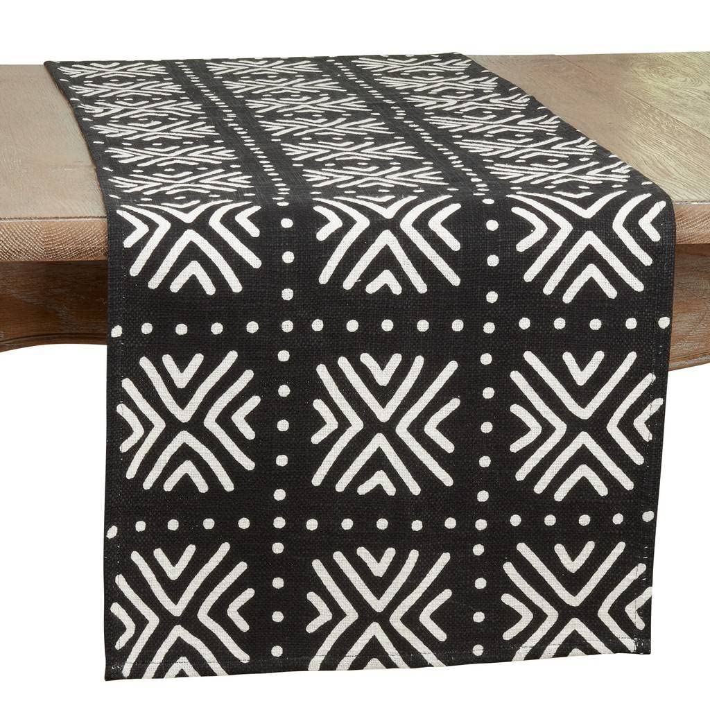 Mud Cloth-Inspired Cotton Table Runner – Black & Natural
