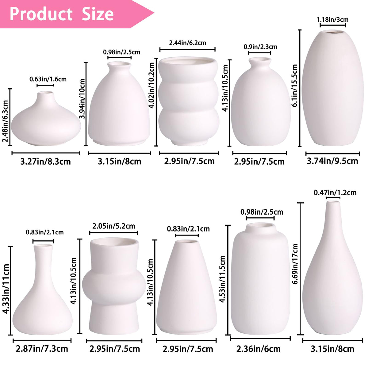 White Ceramic Bud Vases Set of 10 - 5 Inch Small Mini Vases for Flowers Centerpieces Decor