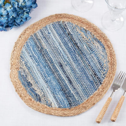 Fennco Styles Rustic Denim Chindi Placemats 15" Round, Set of 4 - Navy Blue Cotton Jute Woven Table Mats for Home, Dining Room Décor, Banquets, and Special Events