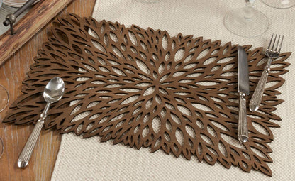 Fennco Styles Unique Engineered Wood Laser Cut Placemats 12"x18" Rectangular, Set of 4 – Brown Modern Traycloth Table Mats for Home, Dining Room Décor, Banquets, Indoor Outdoor and Special Events