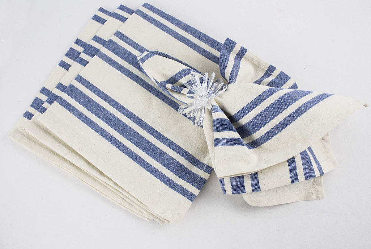 Fennco Styles Dauphine Collection Farmhouse Striped Cotton 20 x 20 Inch Cloth Napkins, Set of 4 - French Blue Dinner Napkins for Dining Table, Banquet, BBQ Table and Family Dinner