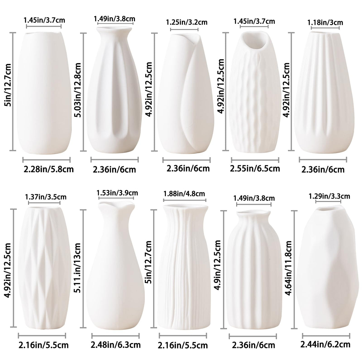 White Ceramic Bud Vases Set of 10 - 5 Inch Small Mini Vases for Flowers Centerpieces Decor