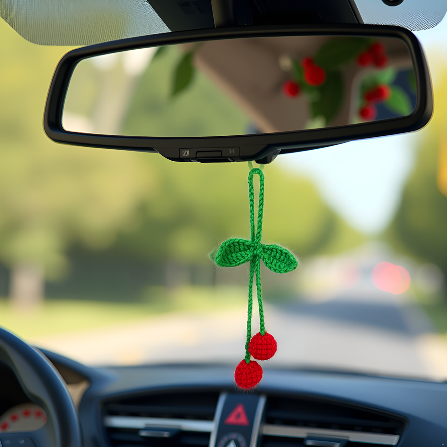 Crochet Car Accessories, Handmade Knitted Potted Plants Car (Red cherry)