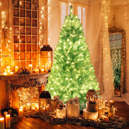 6/7 FT Blue Artificial Christmas Tree with 280/380 Warm White LED Lights and Foldable Metal Stand