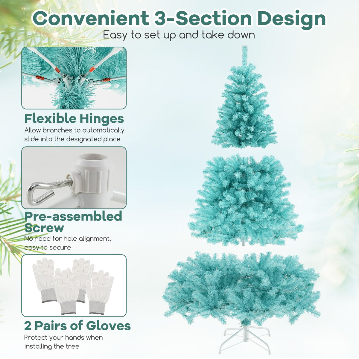6/7 FT Blue Artificial Christmas Tree with 280/380 Warm White LED Lights and Foldable Metal Stand