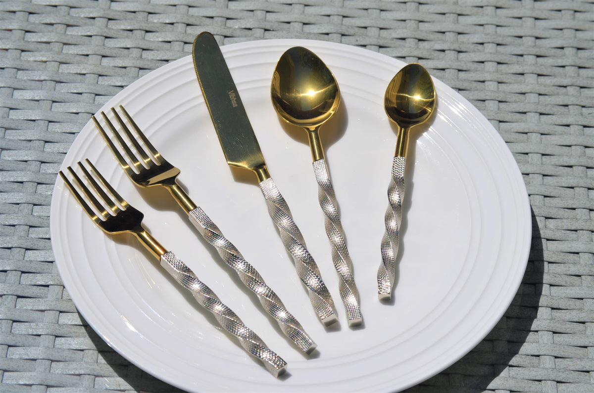 Vibhsa Gold Stainless Steel Flatware Set of 5 PC | Twisted Handle, Service for 1
