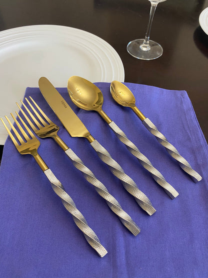 Vibhsa Gold Stainless Steel Flatware Set of 5 PC | Twisted Handle, Service for 1