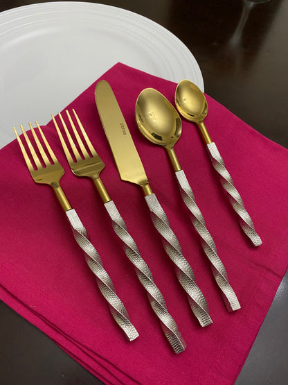 Vibhsa Gold Stainless Steel Flatware Set of 5 PC | Twisted Handle, Service for 1