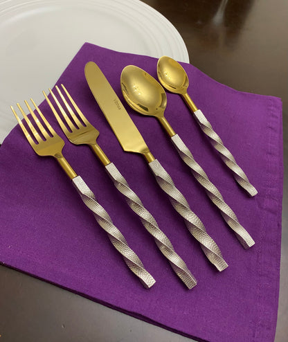 Vibhsa Gold Stainless Steel Flatware Set of 5 PC | Twisted Handle, Service for 1