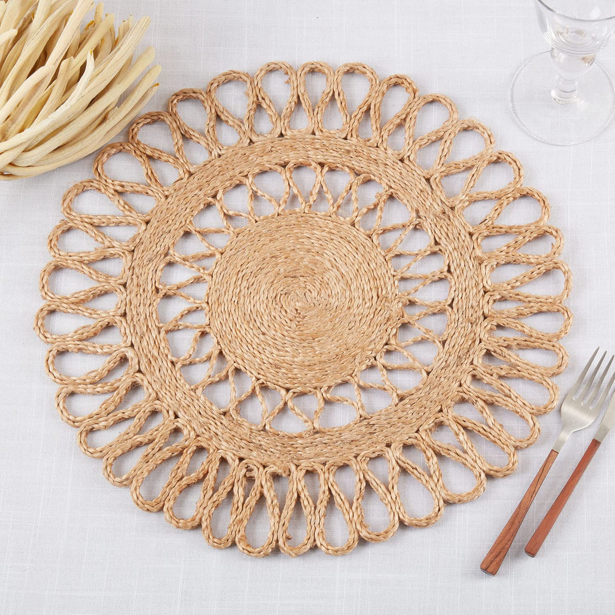 Fennco Styles Handwoven Loopy Jute Placemats 16" Round, Set of 2 - Natural Floral Shape Braided Table Mats Heat Resistant Insulation for Home, Boho Décor, Dining Table, Banquets, Special Events