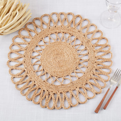 Fennco Styles Handwoven Loopy Jute Placemats 16" Round, Set of 2 - Natural Floral Shape Braided Table Mats Heat Resistant Insulation for Home, Boho Décor, Dining Table, Banquets, Special Events