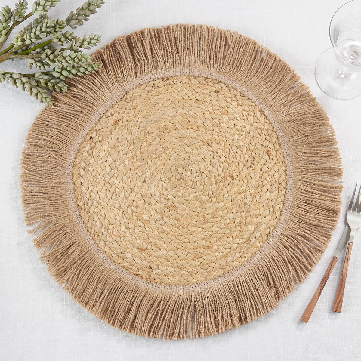 Fennco Styles Rustic Jute Fringe Woven Placemats 13" Round, Set of 4 - Natural Braided Table Mats for Home, Dining Room, Banquets, Family Gathering and Special Occasion