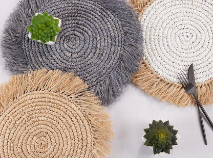 Fennco Styles Raffia Fringe Woven Placemats 15 Inch Round, Set of 4 - White Boho Table Mats for Home, Dining Room, Banquets, Family Gathering and Special Occasion