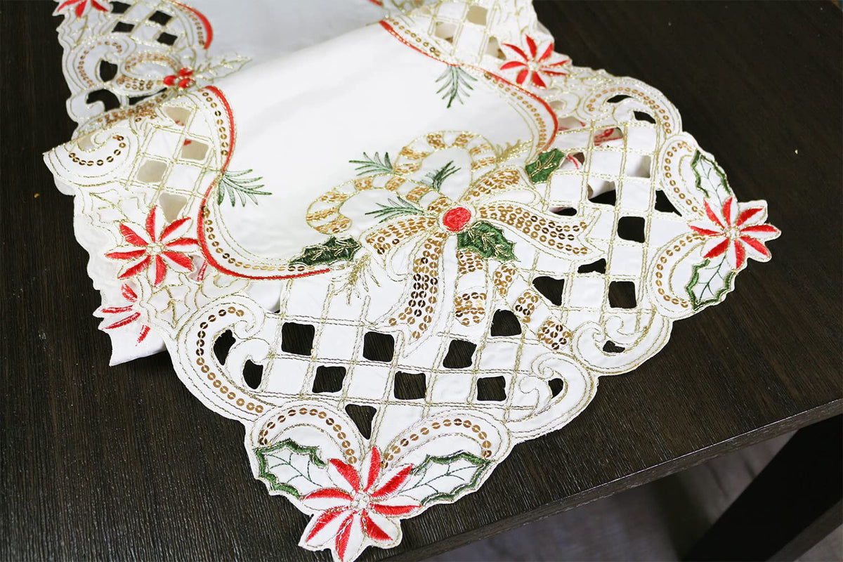 Fennco Styles Christmas Embroidered Holly Cloth Napkins 20" W x 20" L, Set of 4