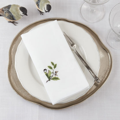 Fennco Styles Country Embroidered Pheasant Cloth Napkins 20" W x 20" L, Set of 4 - White Elegant Dinner Napkins for Dining Table, Family Gatherings, Banquets & Home Décor