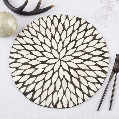 Fennco Styles Geometric Capiz Design Placemat 15" Round, 1-Piece – Black & White Elegant Table Mat for Home, Dining Room Décor, Banquets, Indoor & Outdoor and Special Events