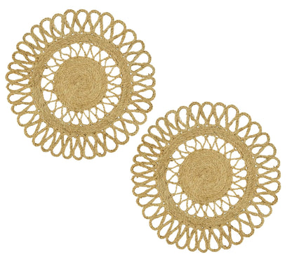 Fennco Styles Handwoven Loopy Jute Placemats 16" Round, Set of 2 - Natural Floral Shape Braided Table Mats Heat Resistant Insulation for Home, Boho Décor, Dining Table, Banquets, Special Events