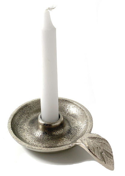 Vibhsa Taper Candlestick Holder Dish | Silver Finish, Leaf Handle, Handcrafted Aluminum