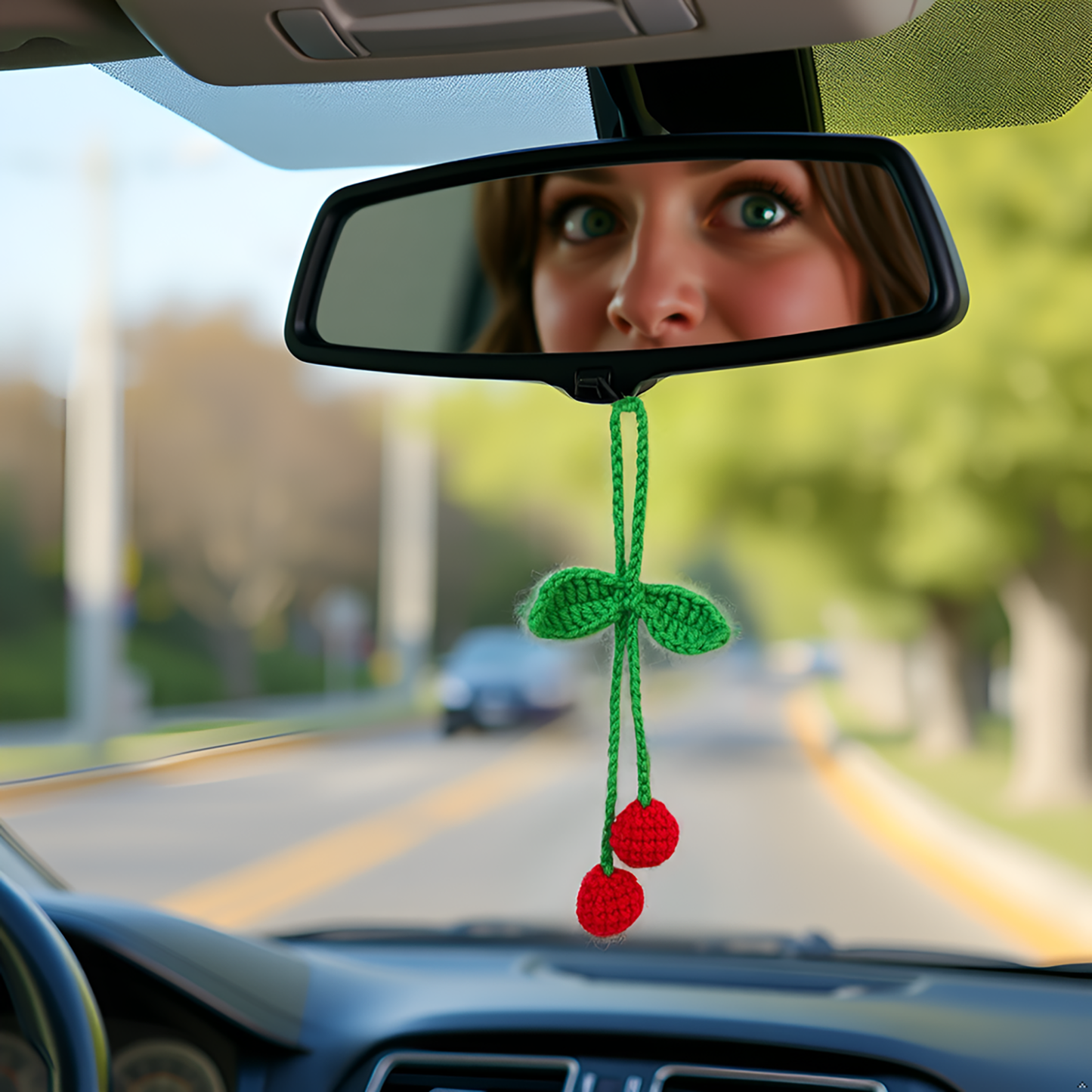 Crochet Car Accessories, Handmade Knitted Potted Plants Car (Red cherry)