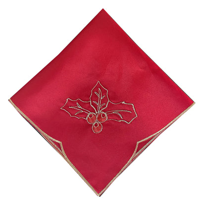 Fennco Styles Christmas Embroidered Holly Cloth Napkins 20" W x 20" L, Set of 4