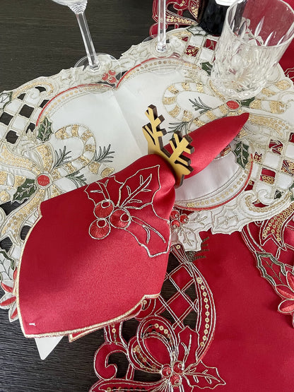 Fennco Styles Christmas Embroidered Holly Cloth Napkins 20" W x 20" L, Set of 4