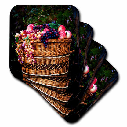 3dRose A Wicker Basket Full of Fresh Grapes and Peaches Under The Vines - Coasters (CST_328779)