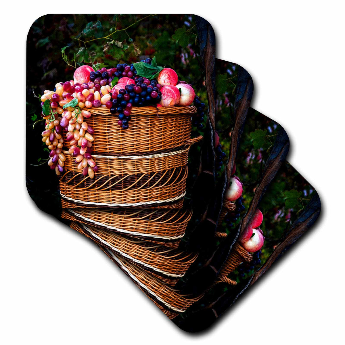 3dRose A Wicker Basket Full of Fresh Grapes and Peaches Under The Vines - Coasters (CST_328779)