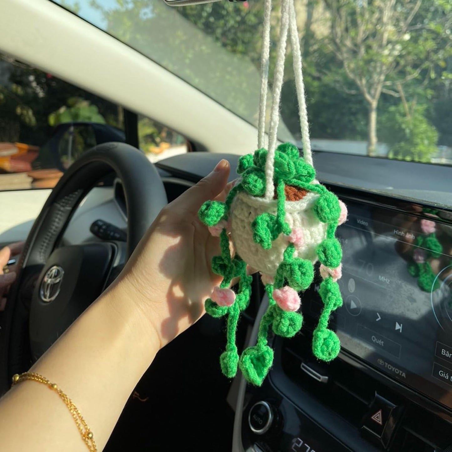 Crochet Car Accessories, Handmade Knitted Potted Plants Car (White Rose Crochet)