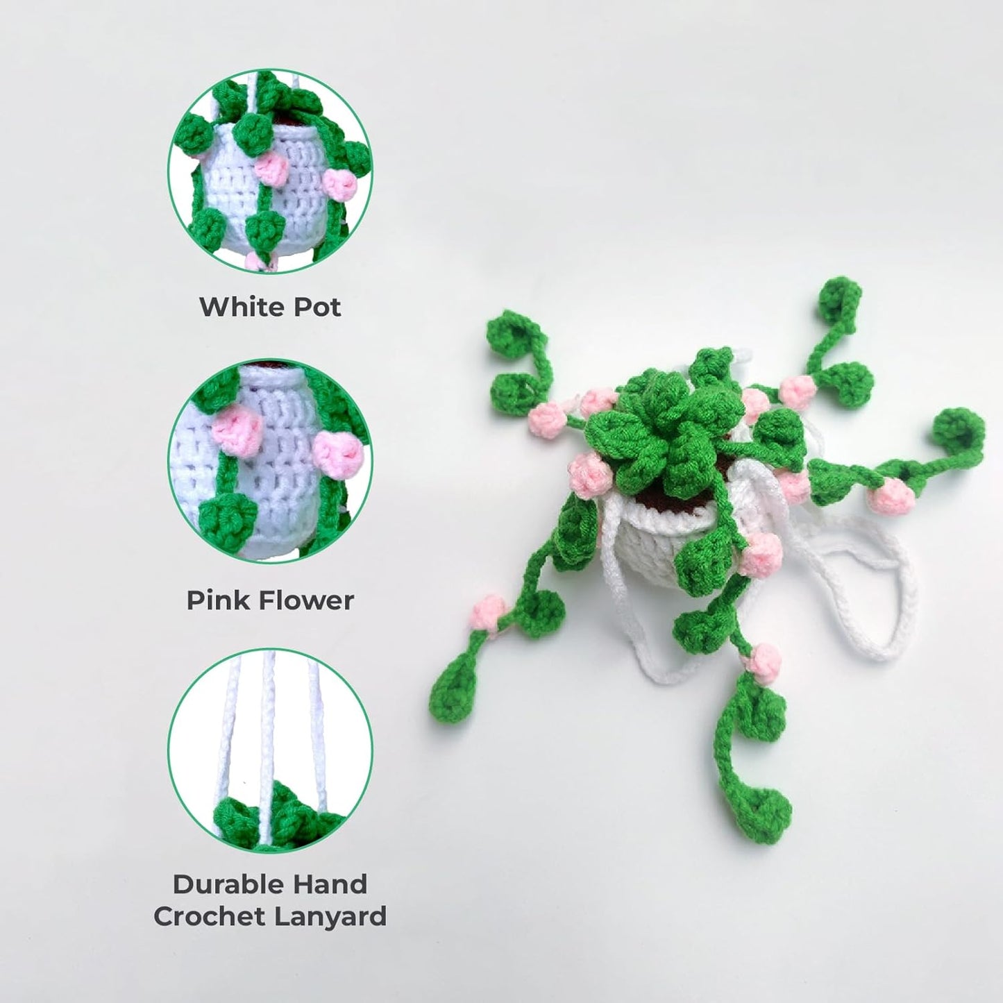 Crochet Car Accessories, Handmade Knitted Potted Plants Car (White Rose Crochet)