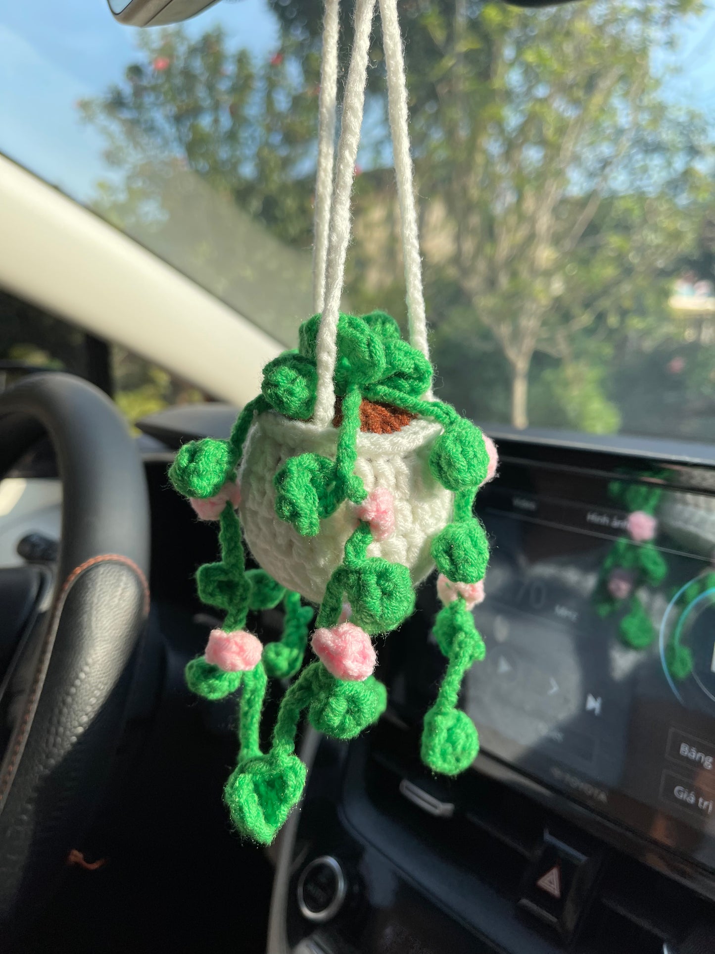 Crochet Car Accessories, Handmade Knitted Potted Plants Car (White Rose Crochet)