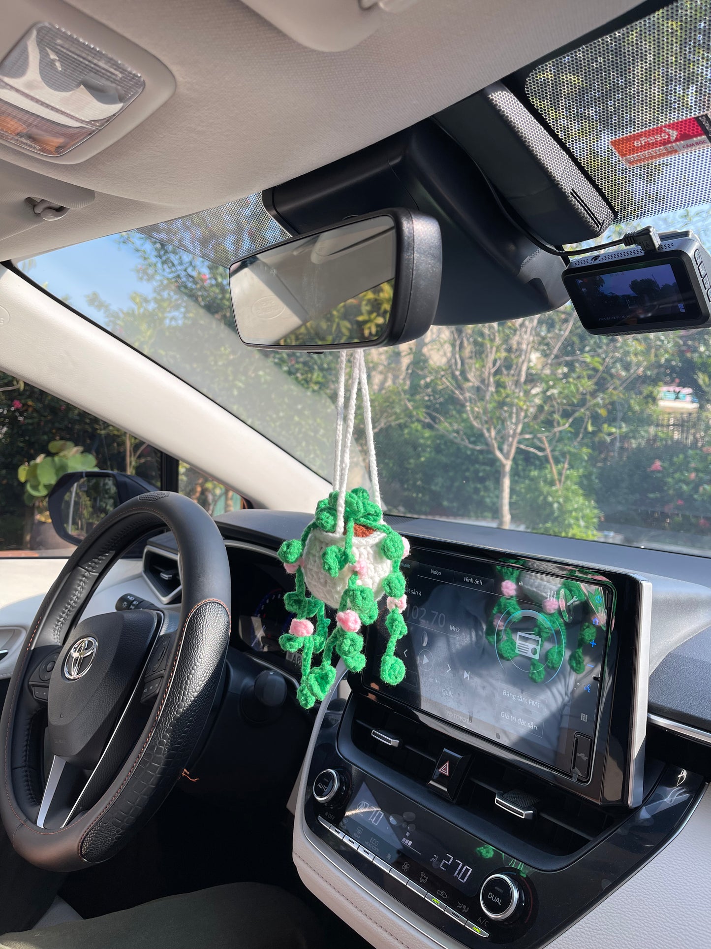 Crochet Car Accessories, Handmade Knitted Potted Plants Car (White Rose Crochet)