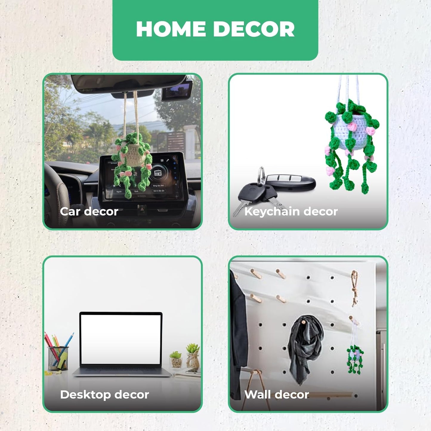 Crochet Car Accessories, Handmade Knitted Potted Plants Car (White Rose Crochet)