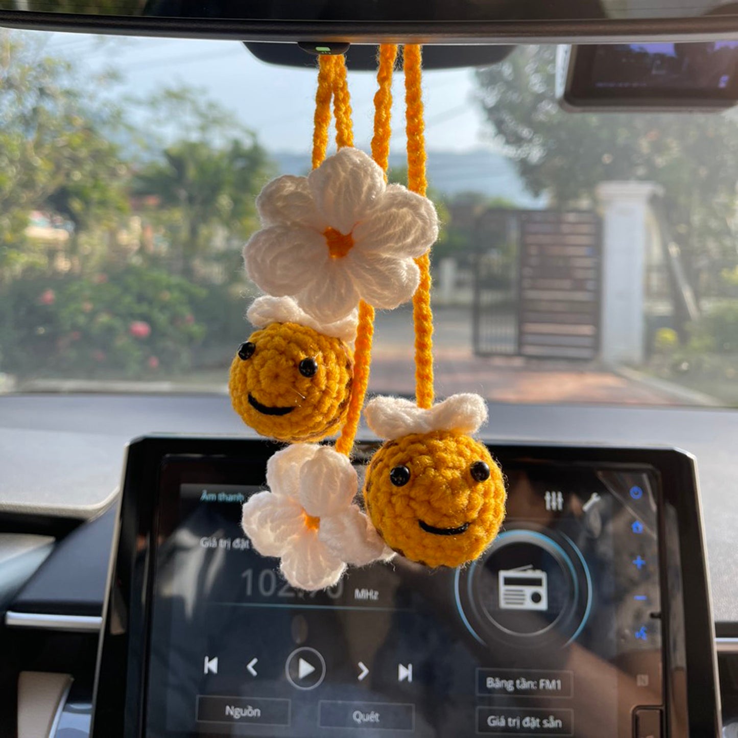 Crochet Hanging Plant For Car Ornament (Yellow Bee with White Flower)