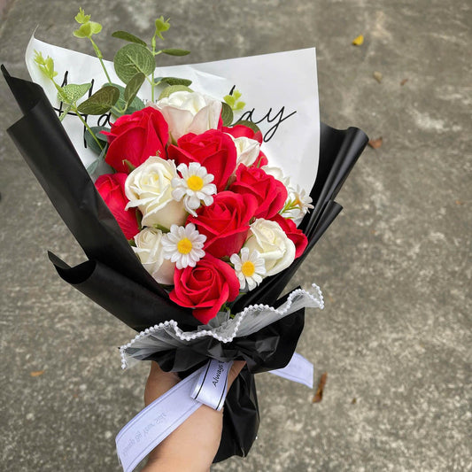 Flower Bouquet | Artificial Completed Flowers of Roses, Daisy, Strawberry Sunflower (Red Rose)