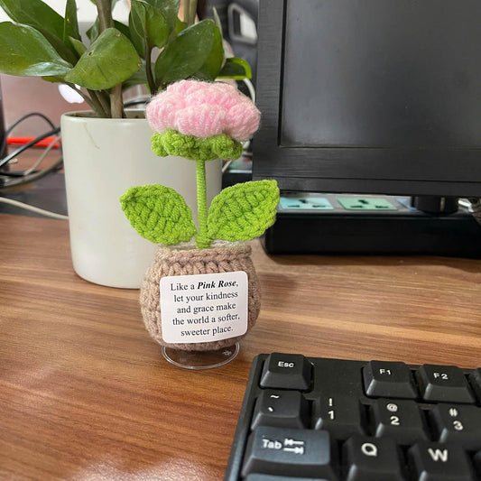 Handmade Crochet Flower with Support Card (Pink Rose)