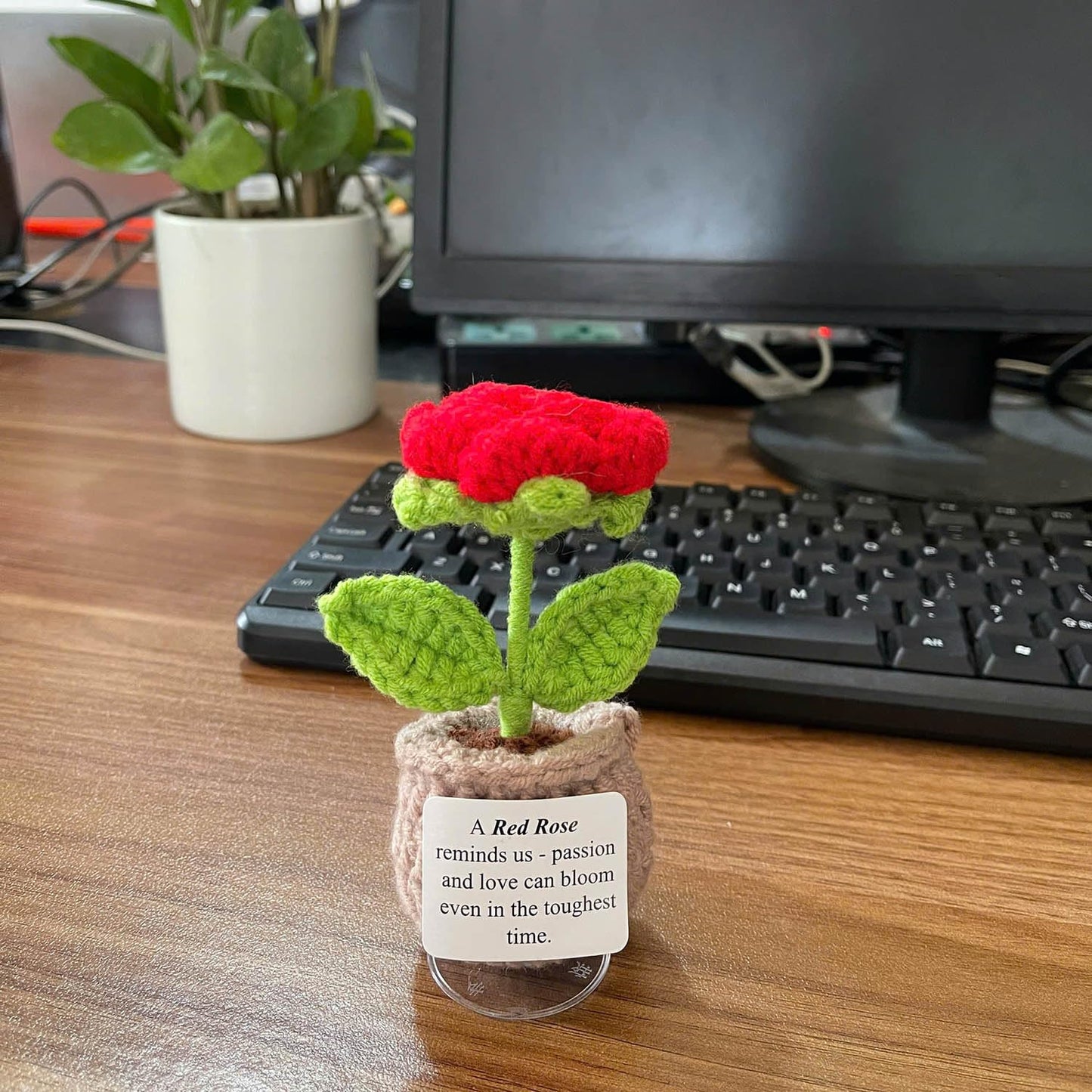 Handmade Crochet Flower with Support Card (Red Rose)