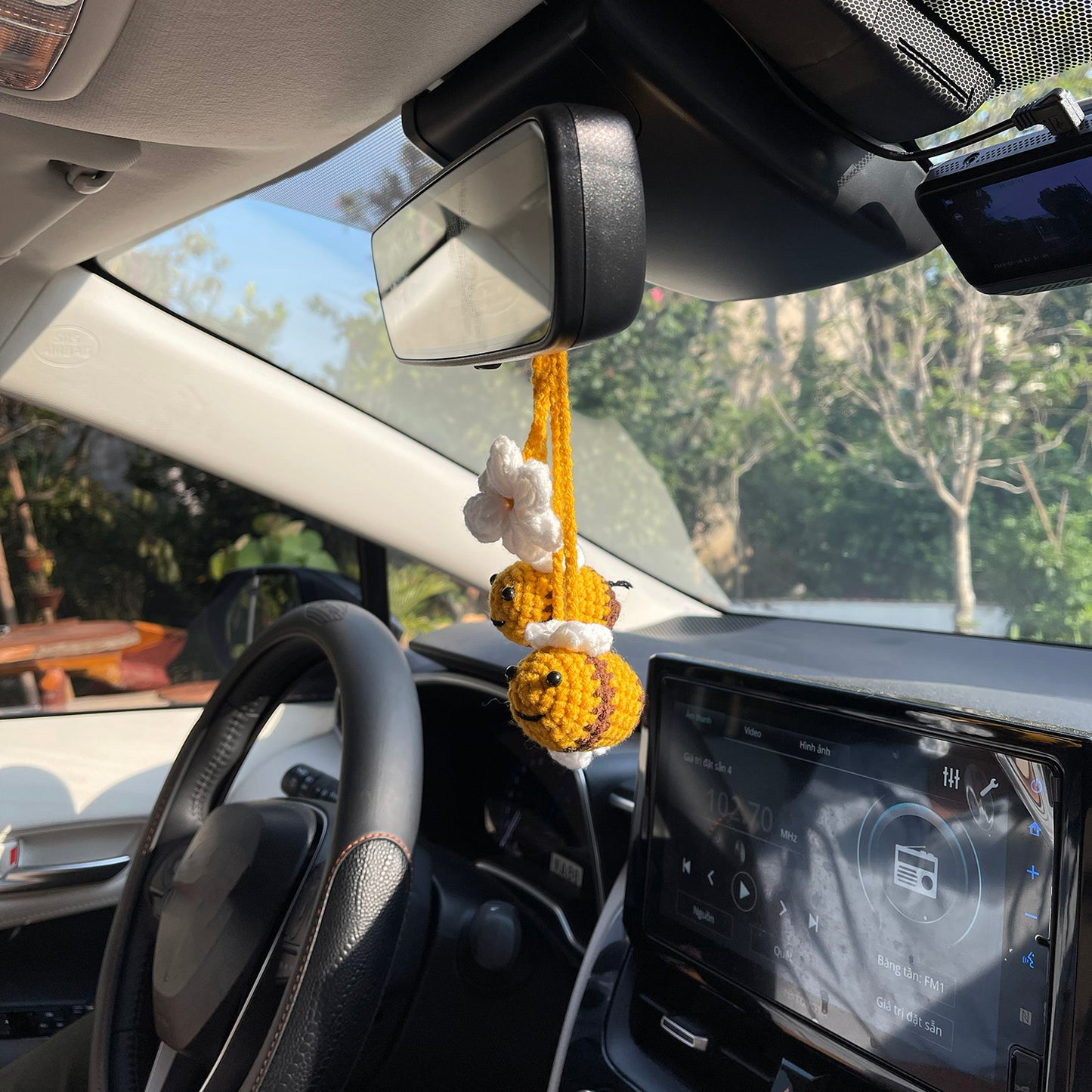 Crochet Hanging Plant For Car Ornament (Yellow Bee with White Flower)